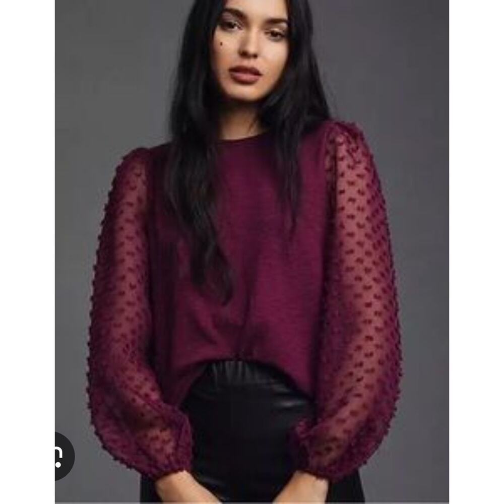 Anthropologie Maeve Textured Sleeve Sweater Top Plum Purple XS